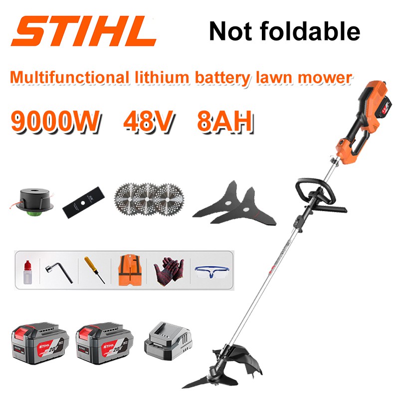 Bezkartáčová sekačka na trávu 9000W + lithiová baterie 48V/8AH * 2 ks + kotouč do kotoučové pily * 3 ks + rovný pilový kotouč + plecí lano * 20 ks + třínožový nůž * 2 ks + originální nabíječka + další příslušenství + desetiletá záruka