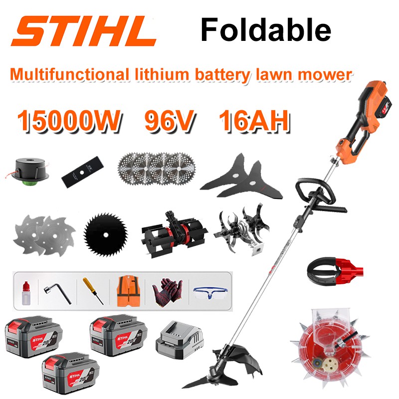 Bezkartáčová sekačka na trávu 15000W + lithiová baterie 96V/16AH * 3 + kotouč pro kotoučovou pilu * 4 + rovný pilový kotouč + plecí kotouč + plecí lano * 20 + třílistý nůž * 2 + ocelový pilový kotouč + slitinový nůž * 2 + plecí hlava + pluhová hlava + originální dvojitá rychlonabíječka + hlava na sběr ovoce + secí hlava + další příslušenství + desetiletá záruka