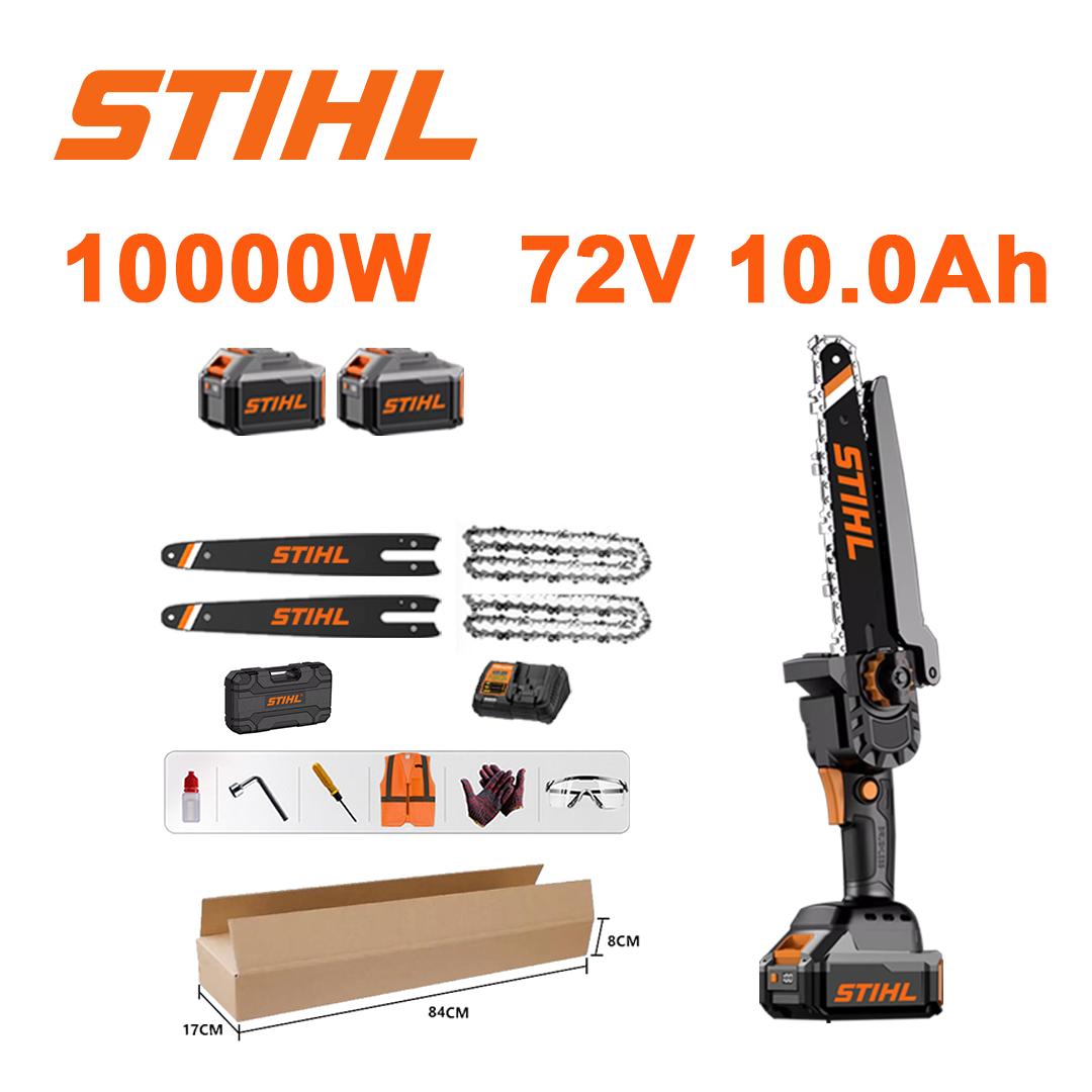 10palcová bezkartáčová lithium-iontová řetězová pila, výkon 10 000 W, 2x baterie 72 V 10,0 Ah, nabíječka, 2x vodicí lišta, 2x řetěz, bedna na nářadí, mazací olej a ochranné brýle, pětiletá záruka