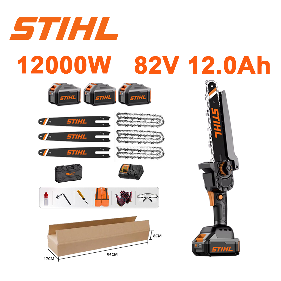 10palcová bezkartáčová lithium-iontová řetězová pila, výkon 12 000 W, baterie 82 V 12,0 Ah*3, nabíječka, vodicí lišta*3, řetěz*3, bedna na nářadí, mazací olej a ochranné brýle, pětiletá záruka