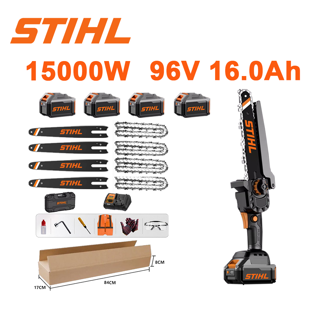 10palcová bezkartáčová lithium-iontová řetězová pila, výkon 15 000 W, baterie 96 V 16,0 Ah*4, nabíječka, vodicí lišta*4, řetěz*4, bedna na nářadí, mazací olej a ochranné brýle, pětiletá záruka