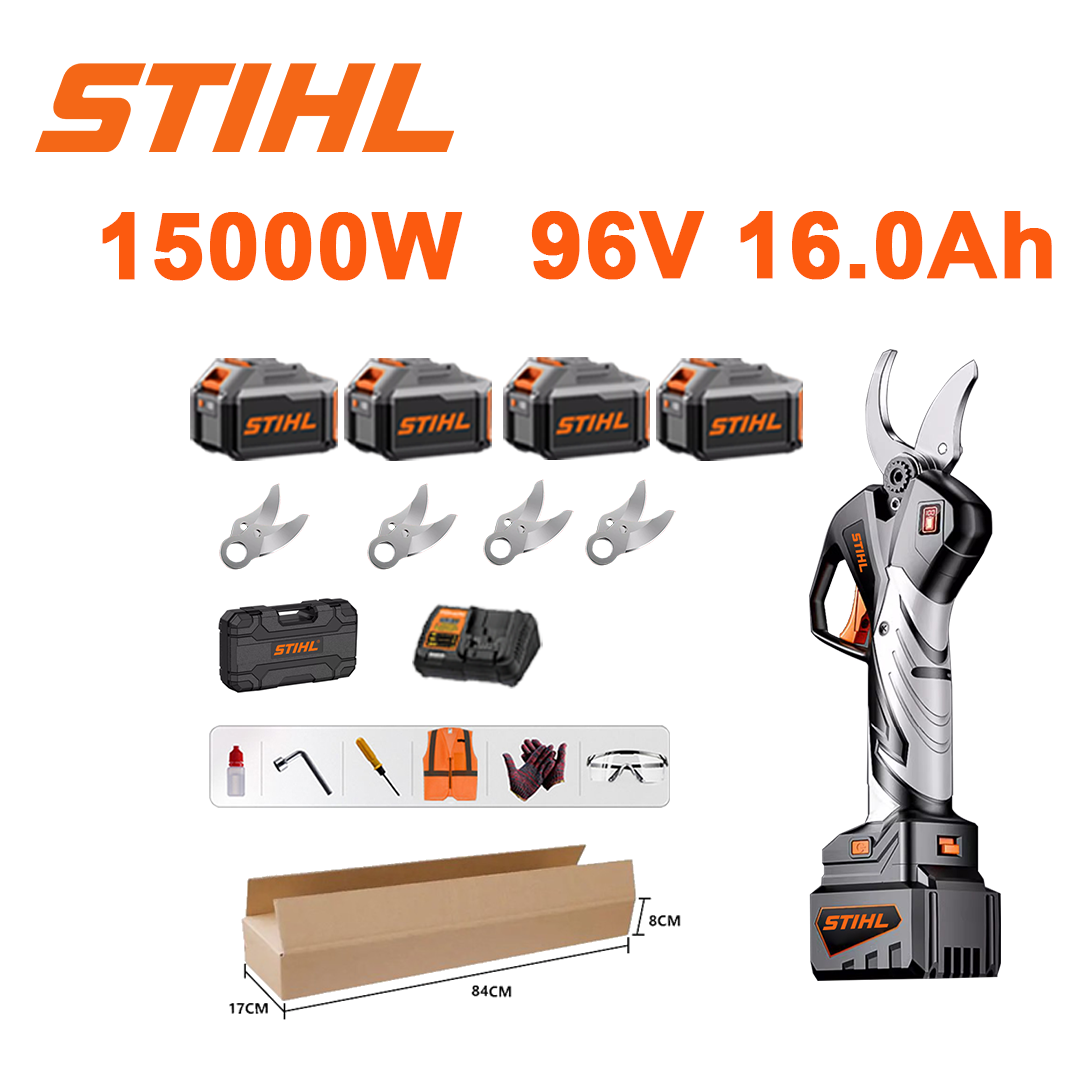 10palcové bezkartáčové nůžky na zahradnictví s lithiovou baterií, výkon 15 000 W, baterie 96 V 16,0 Ah*4, nabíječka, nůž SK9*4, bedna na nářadí, mazací olej a ochranné brýle, pětiletá záruka.